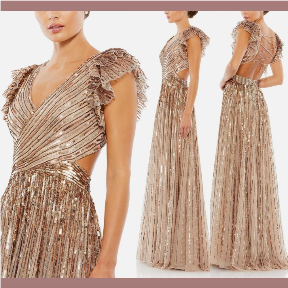 NEW$599 Mac Duggal [ 6 ] Sequined Cut Out Ruffle Sleeve Lace Up Gown Copper Q605
